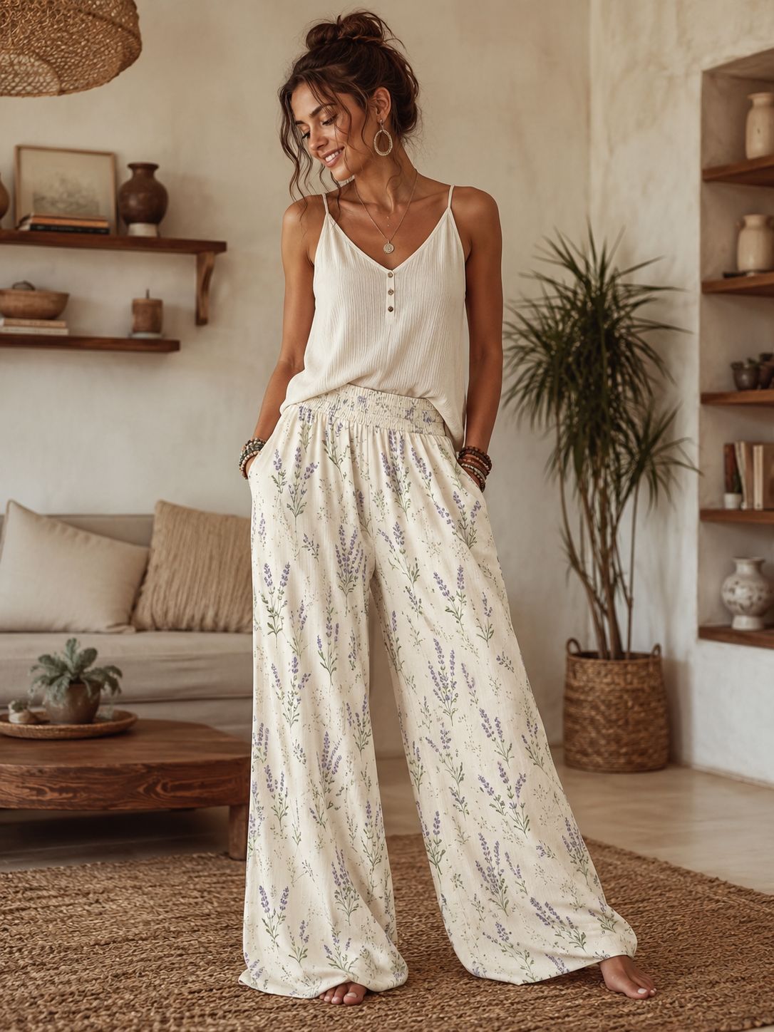 2026 Summer New Linen Printed Pants Commute Style High Waist Elastic Wide Leg Pants Women