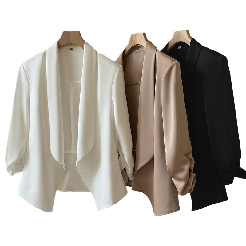 Three-quarter sleeve suit jacket thin 2026 summer new satin blazer women short