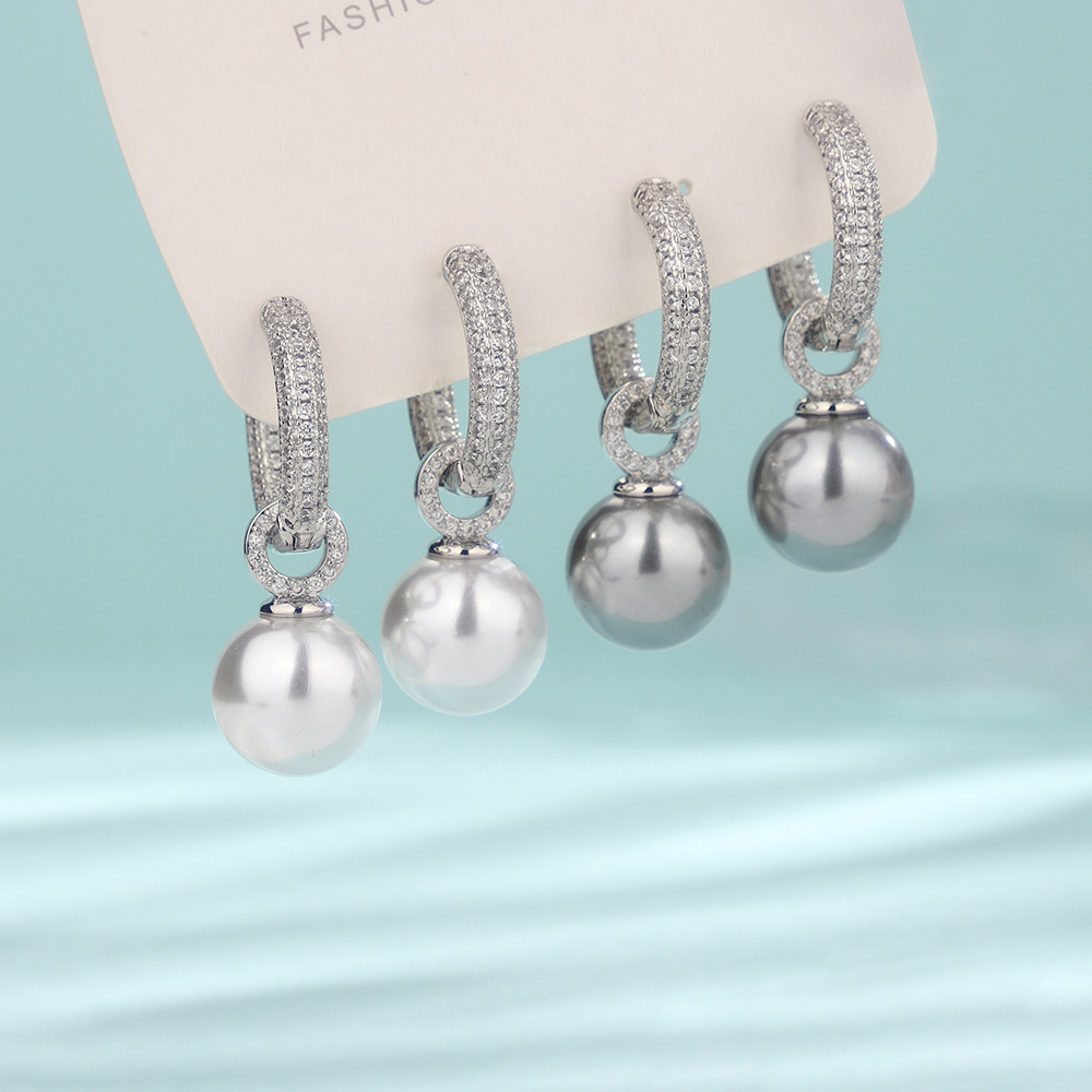Zircon-set gray pearl earrings, goddess style, detachable round shell pearl earrings
