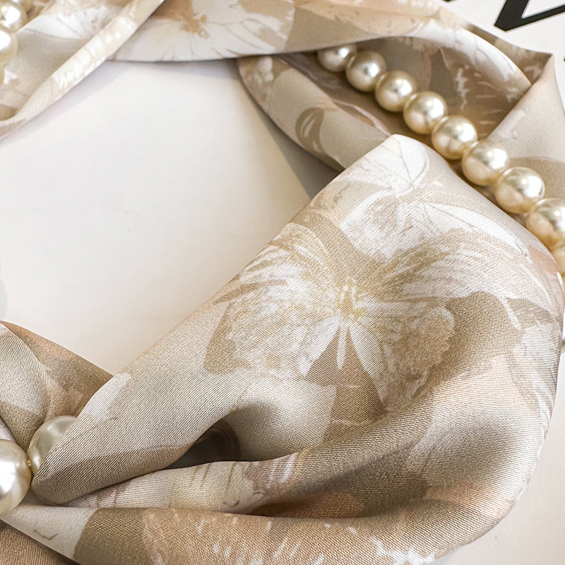 Magnetic buckle pearl necklace small long strip silk scarf women mother neck protection lazy matching shirt thin scarf