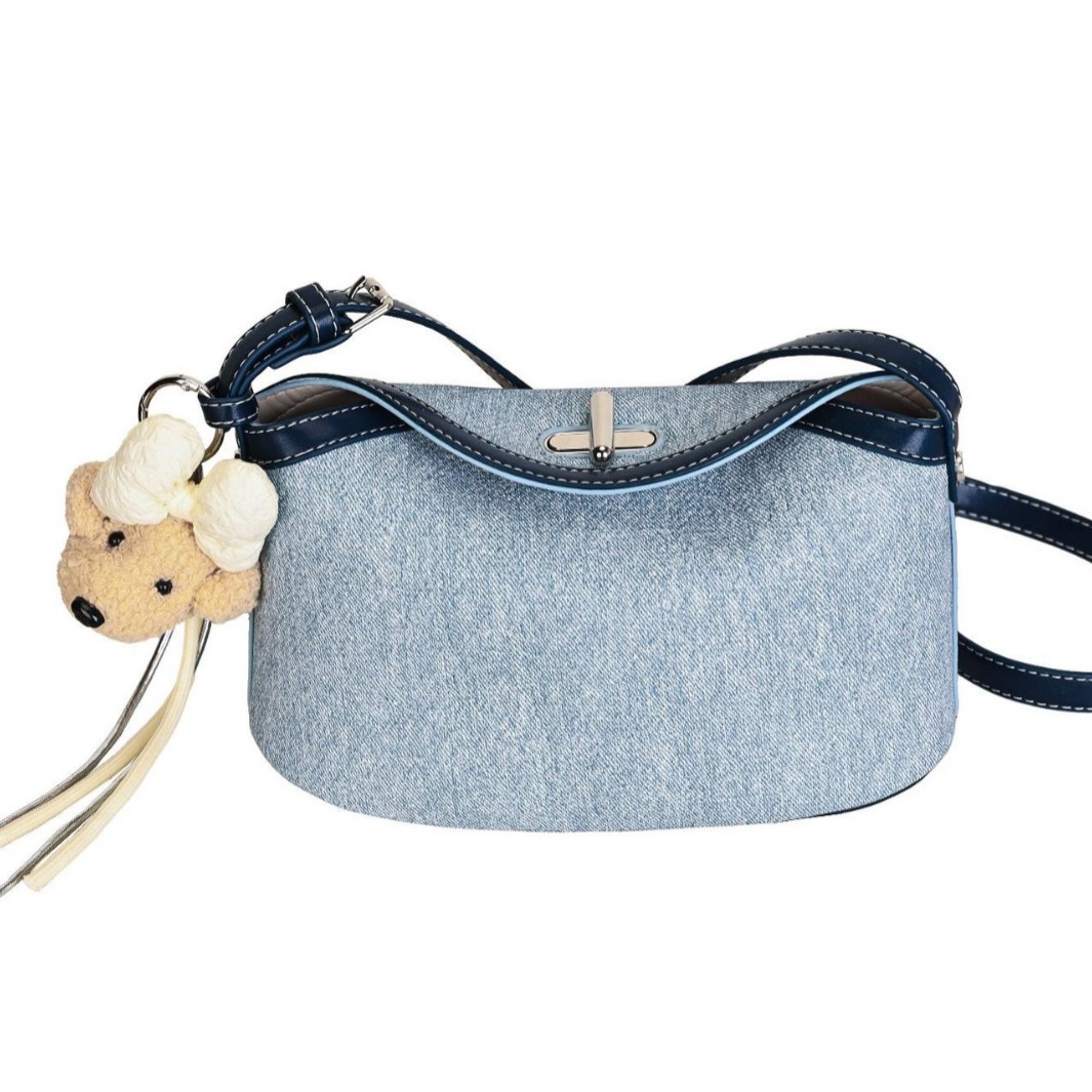 2026 New Washed Denim Curling Bag Cross Lock Underarm Crossbody Bag Two-Piece Set Handbag Cosmetic Bag