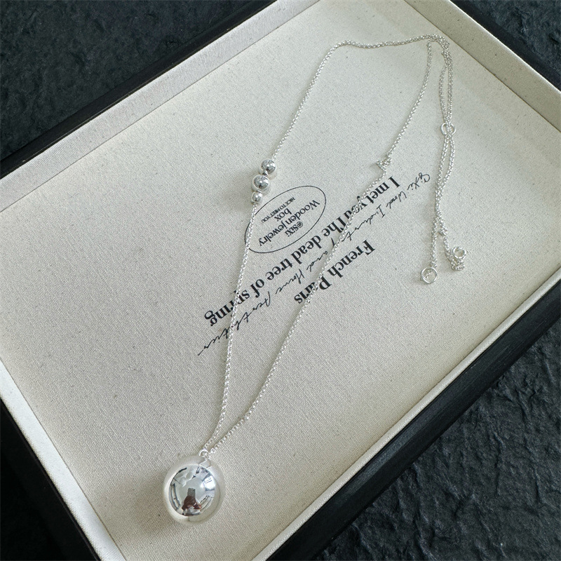 Small silver ball pendant long necklace for women, copper plated silver, simple sweater chain