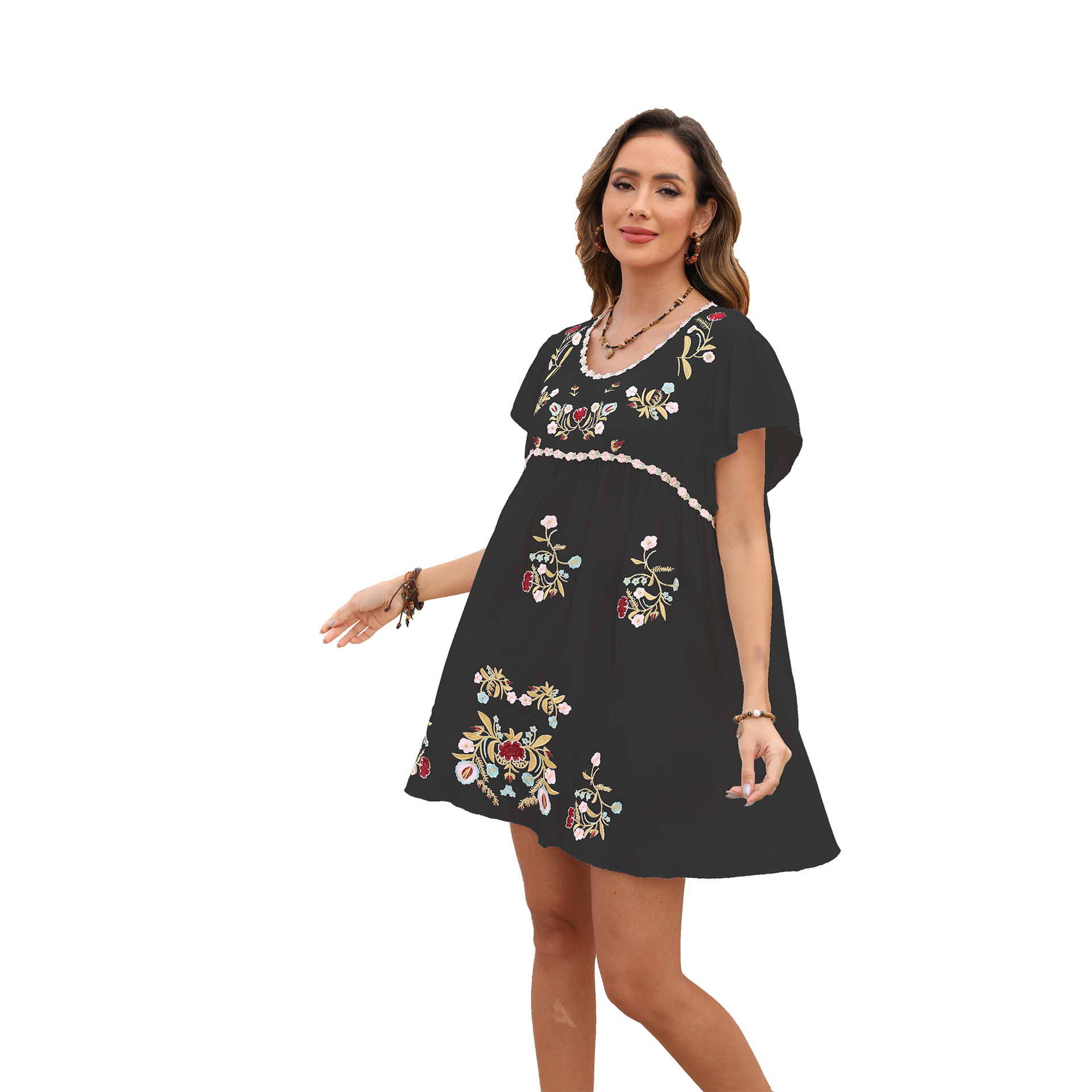 Embroidered casual loose dress summer V-neck short dress women #762