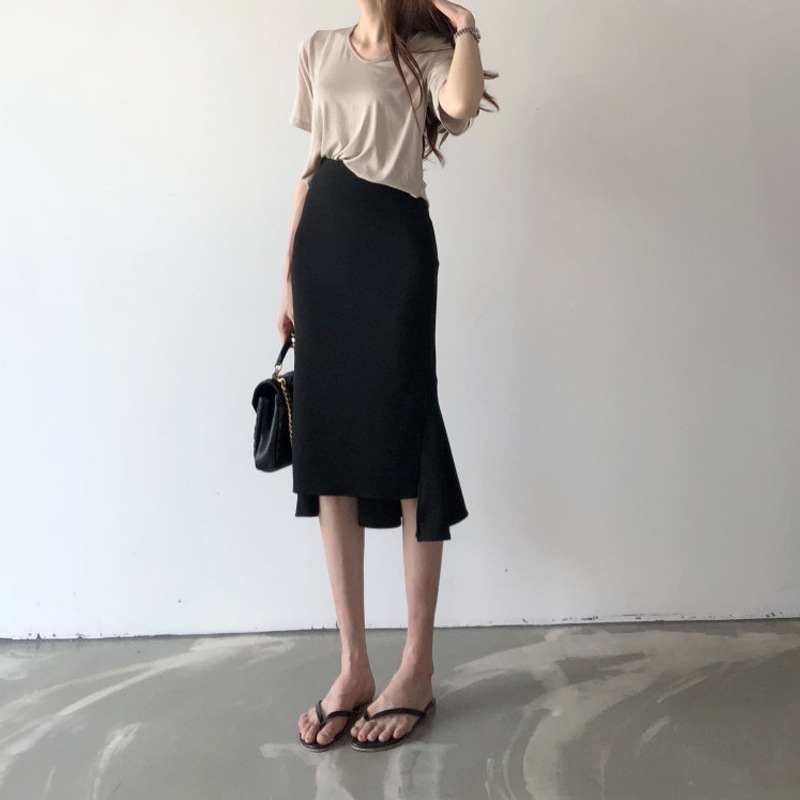 XIAOZHI~ Black Fishtail Skirt Pencil Skirt Midi Skirt Women's Spring Autumn High-Waist Irregular Niche