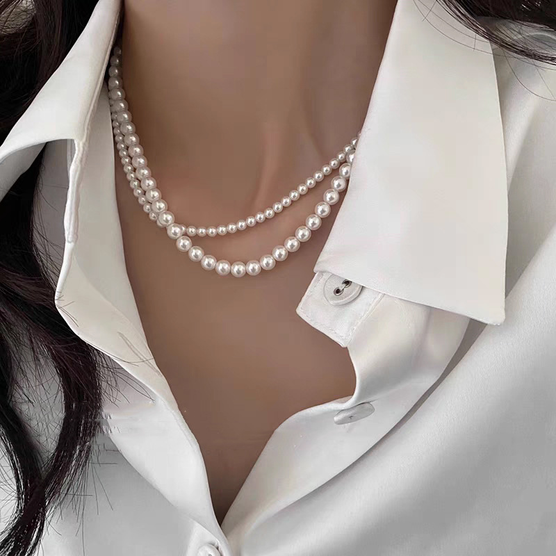 Swarovski Pearl Necklace for Women, Small Design Simple Clavicle Chain, Buckle Button, Sweater Chain