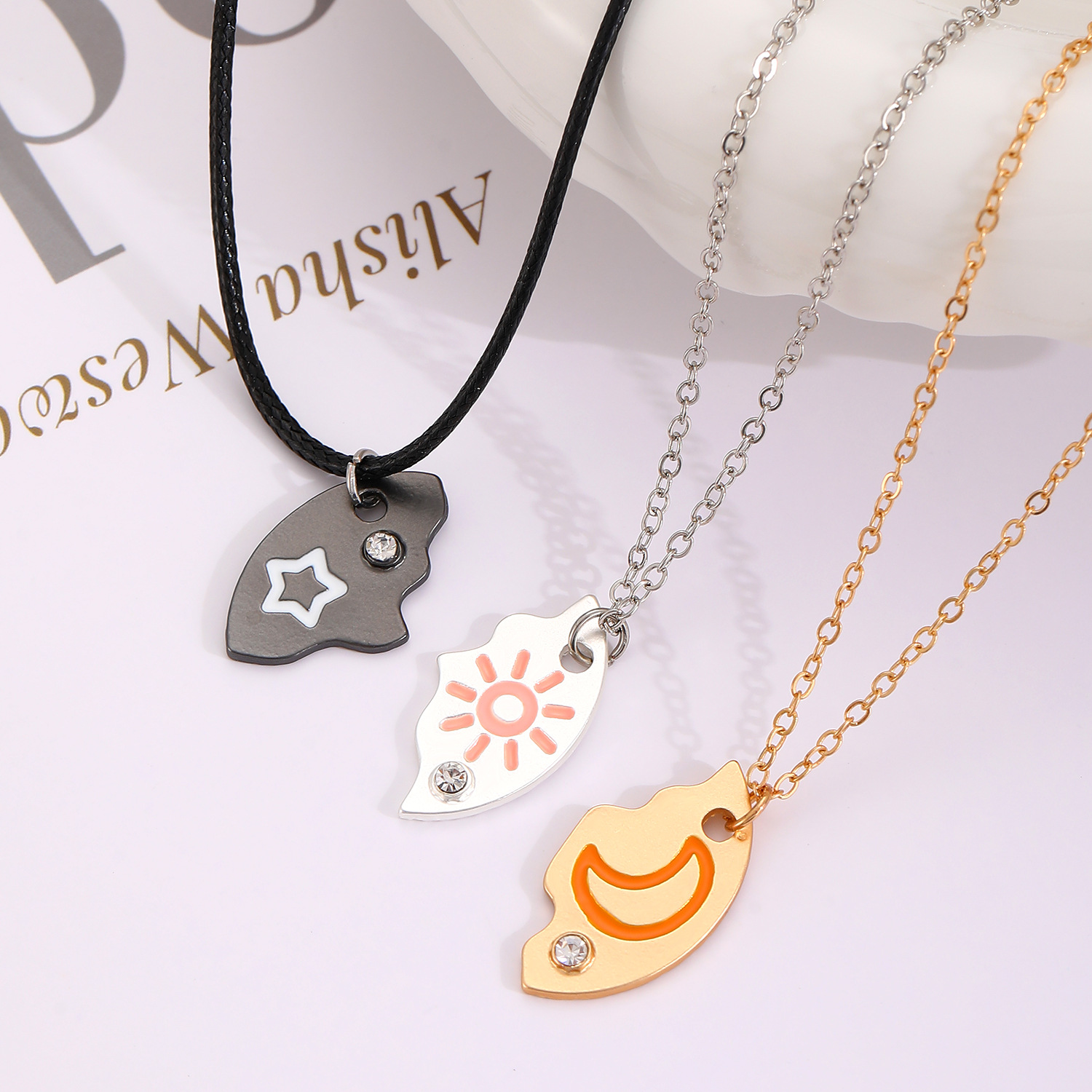 New Star Moon Sun Three-Piece Set Best Friends Girlfriends Alloy Diamond Inlay Two-Piece Necklace