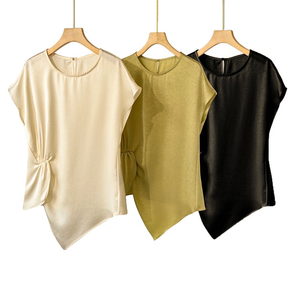 Pleated silk short-sleeve shirt top 2026 summer waist round neck irregular blouse