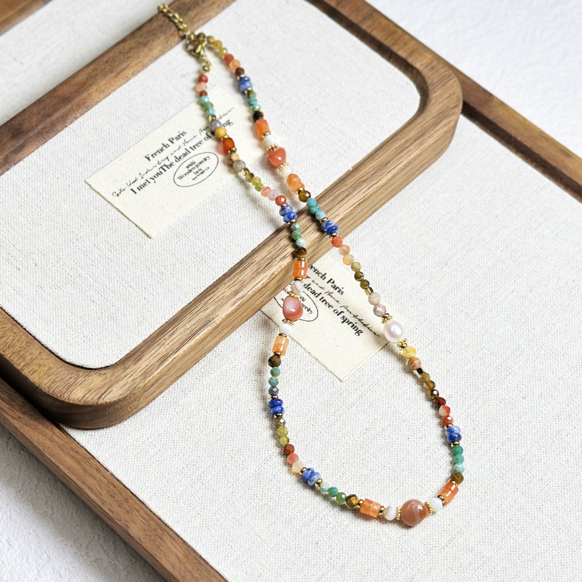 New Ethnic Contrast Color Natural Stone Beaded Necklace Small Geometric Pendant Collarbone Chain Sweater Chain