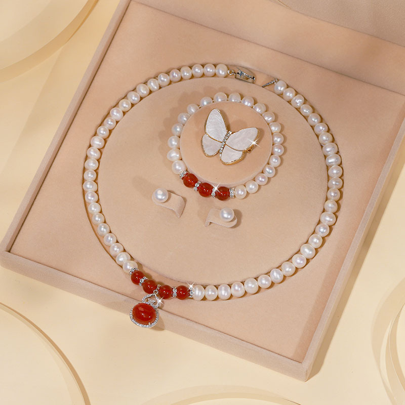 Zhuji Natural Freshwater Pearl Necklace for Women S925 Sterling Silver Three-Piece Set Clavicle Chain Set Mother's Day Gift