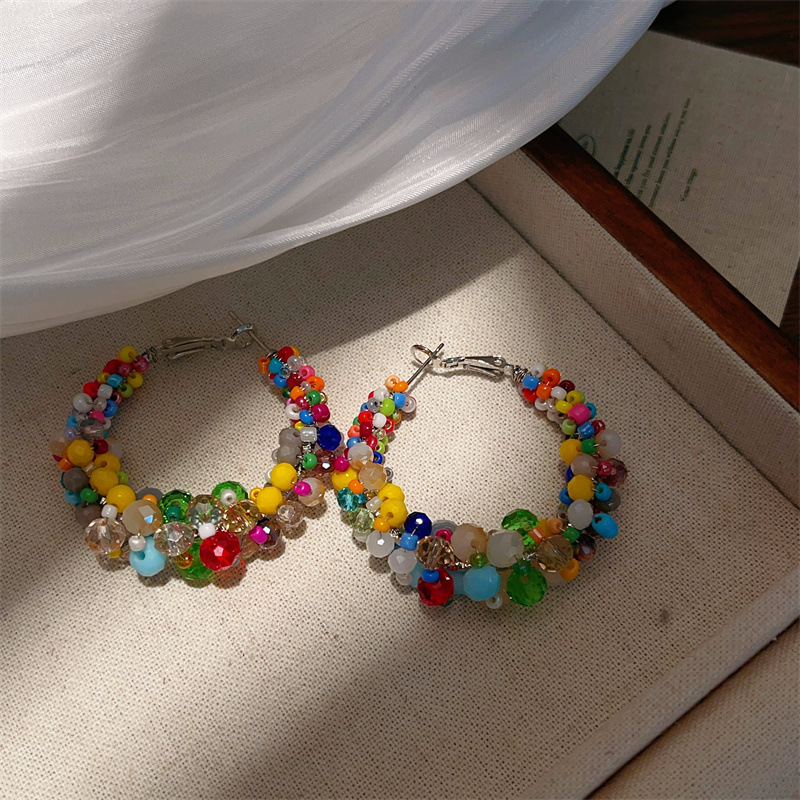 Bohemian Style Colorful Crystal Beaded Big Hoop Earrings Women Sweet Candy Color Rice Bead Wrapped Exaggerated Earrings