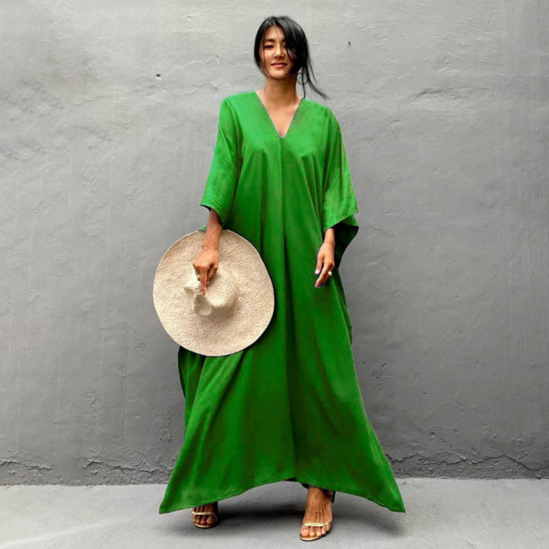 New Rayon Solid Color Cover Up Seaside Vacation Long Dress Loose Cover Up Bikini Swimsuit Long Dress Outer Women