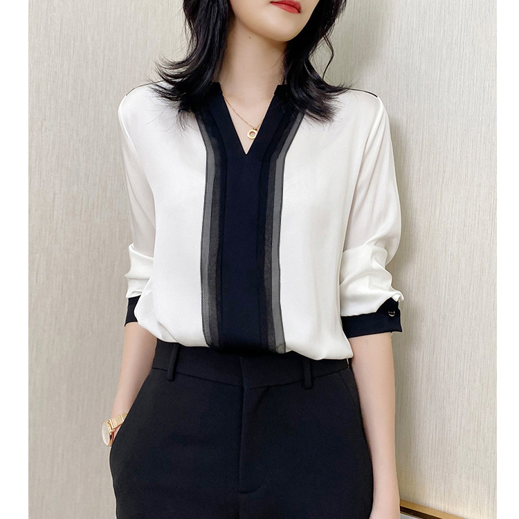 2026 Early Autumn S618 Heavyweight Mulberry Silk Shirt Top Women Long Sleeve V-Neck Black and White Contrast