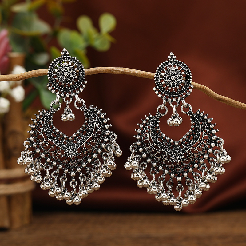 Bohemian ethnic style earrings for women hollow heart ear studs long bell Indian accessory