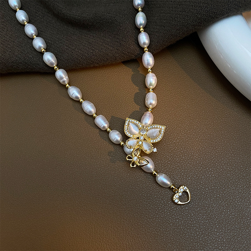7mm natural pearl necklace long sweater chain, Zhuji freshwater pearl butterfly necklace, collarbone chain
