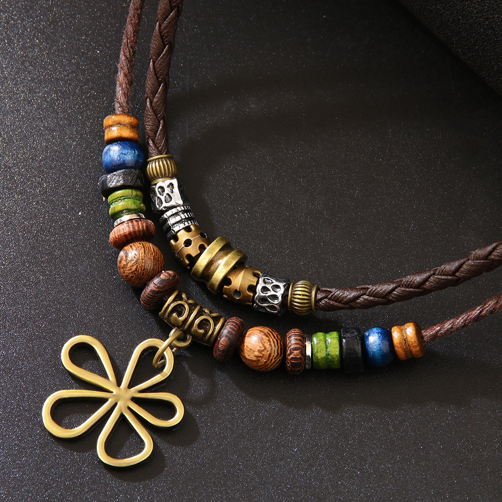 Five-leaf Clover Beaded Wax Rope Necklace Sweater Chain Earring Necklace Set