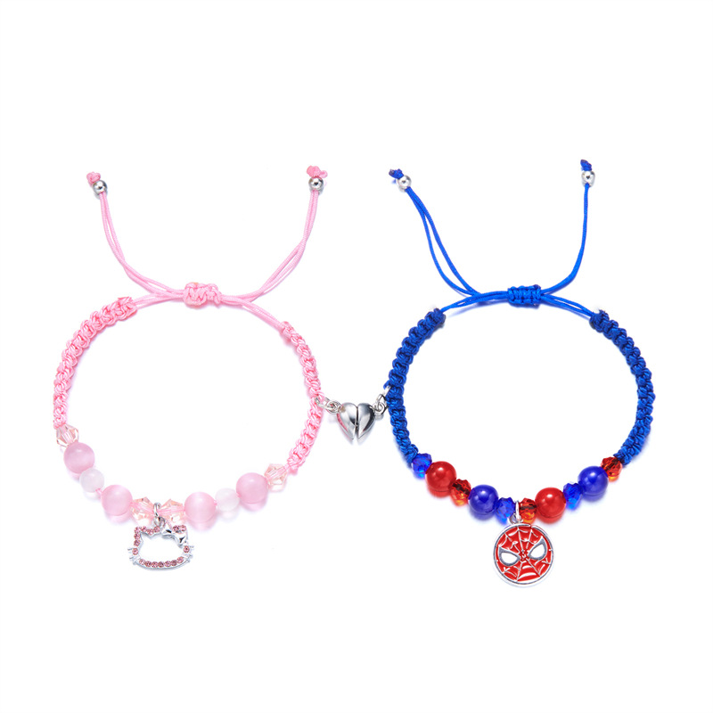 TKkt Cat Spider-Man New Heart-shaped Magnetic Bracelet Hand-woven Braided Rope Beaded Hand Jewelry