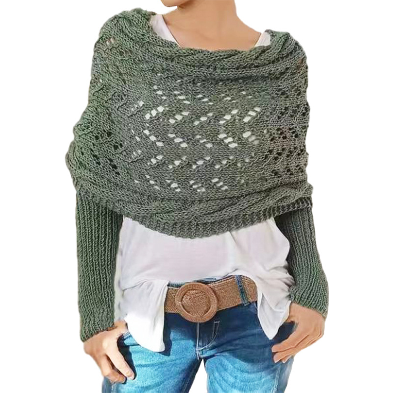 Cross off-shoulder beautiful knitted hollow long-sleeved double-sleeve shawl outer cardigan women