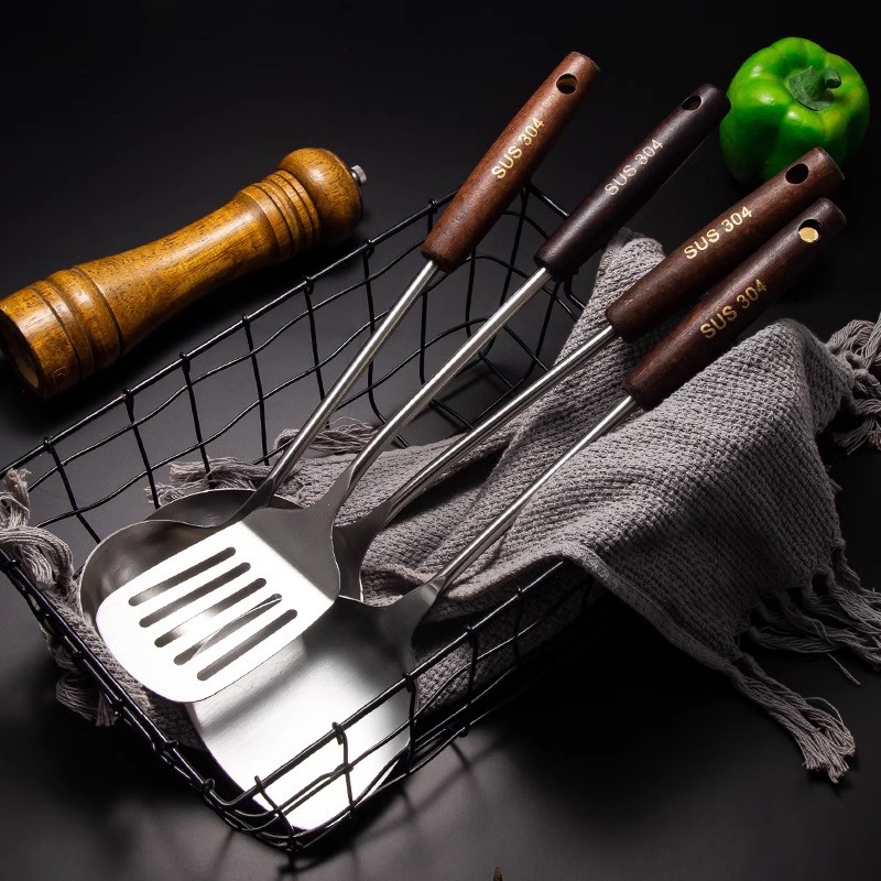 304 Stainless Steel Spatula Frying Spoon Thickened Frying Spoon Soup Spoon Slotted Spoon Home Kitchen Utensils Set Wooden Handle Spatula