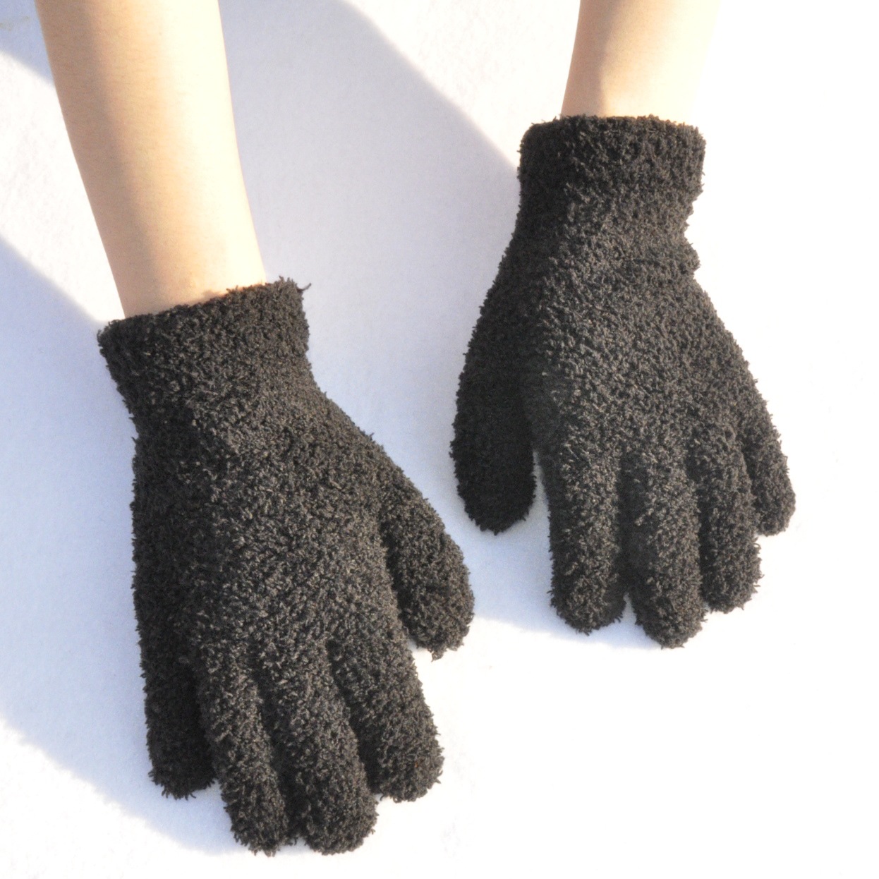 Plush Gloves Women Winter Thickened Warm Anti-Cold Knitted Solid Color Half-Side Velvet Unisex Youth Gloves