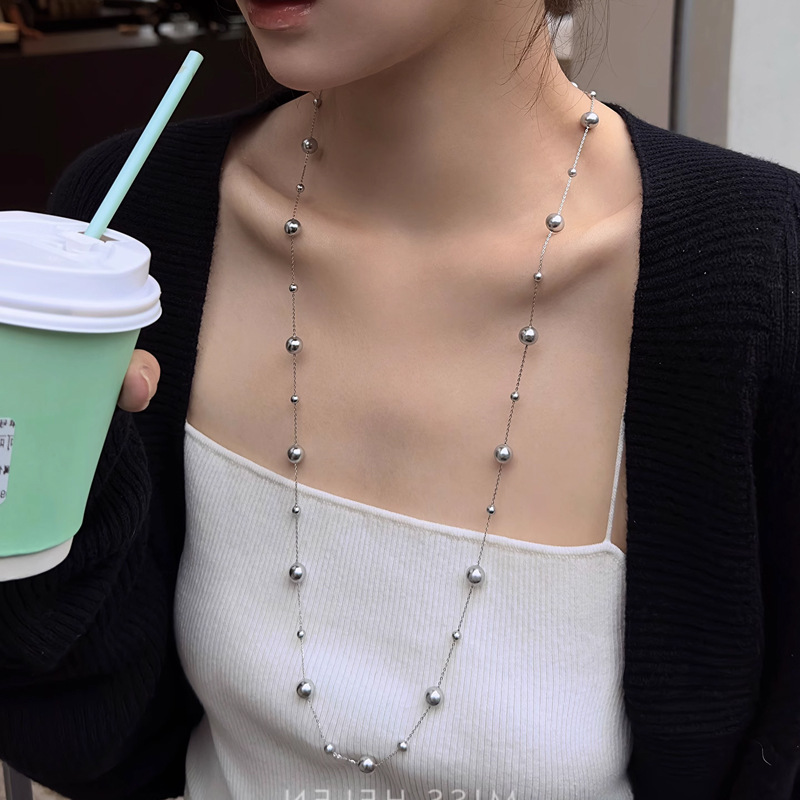 Long starry sky gray pearl necklace sweater chain commuter texture spacer bead women