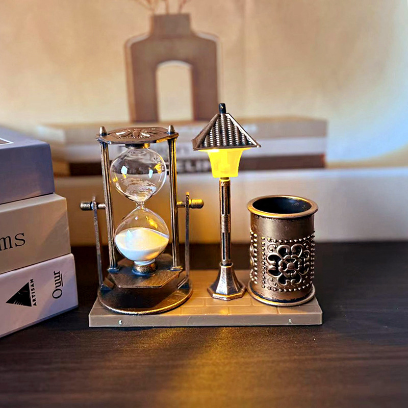Antique Flowing Sand Street Lamp Pen Holder Student Gift White Sand Hourglass Color-Changing Night Light Ornament