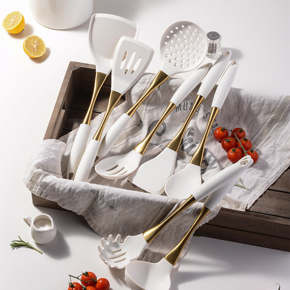 304 Stainless Steel Gold Plated Handle Silicone Cooking Kitchenware Silent Spatula Soup Spoon 8-Piece Set