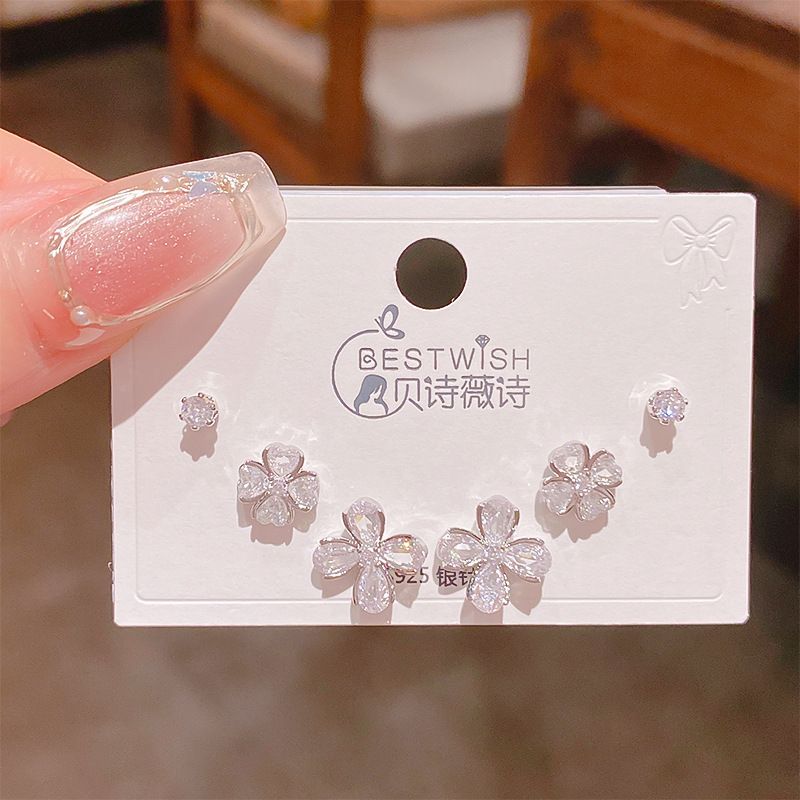 High-quality S925 silver needle zircon 6-piece set small earrings, women's simple three pairs of earrings