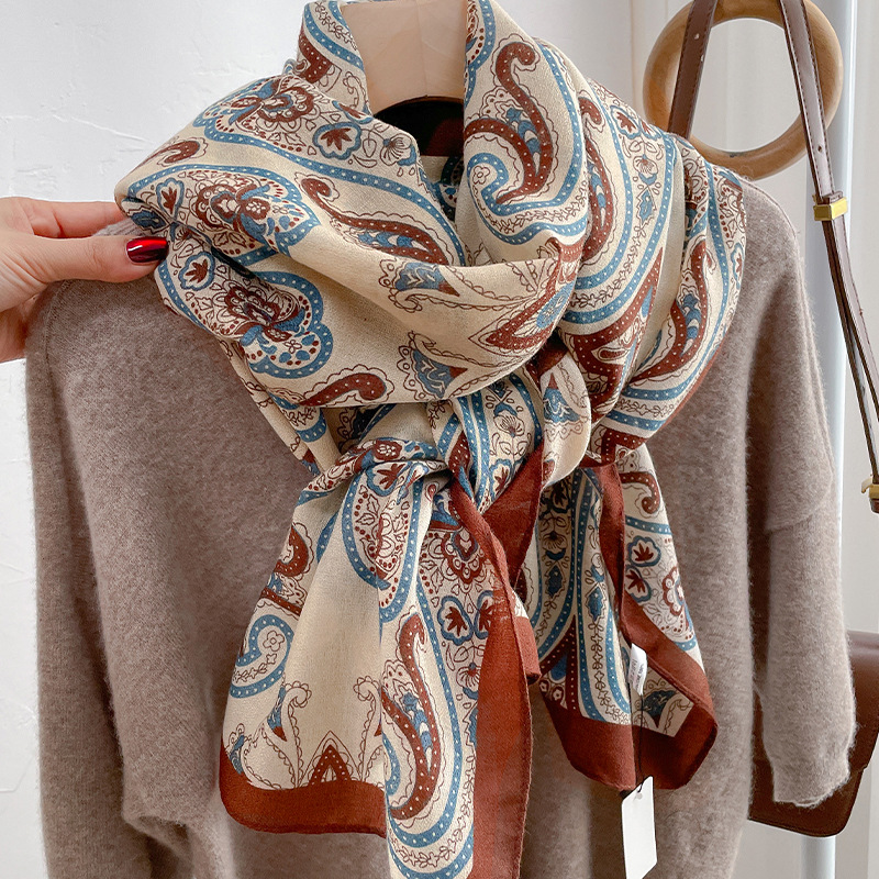 Beach scarf for women, autumn thin neck-protecting sunscreen large shawl, office air-conditioned room cotton-linen feel scarf for vacation