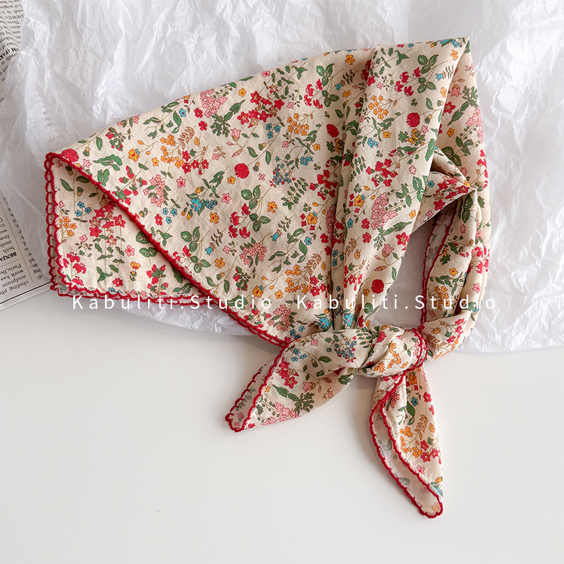 58*58 cotton linen small square scarf, fresh floral neck protection small scarf for girls, hair band