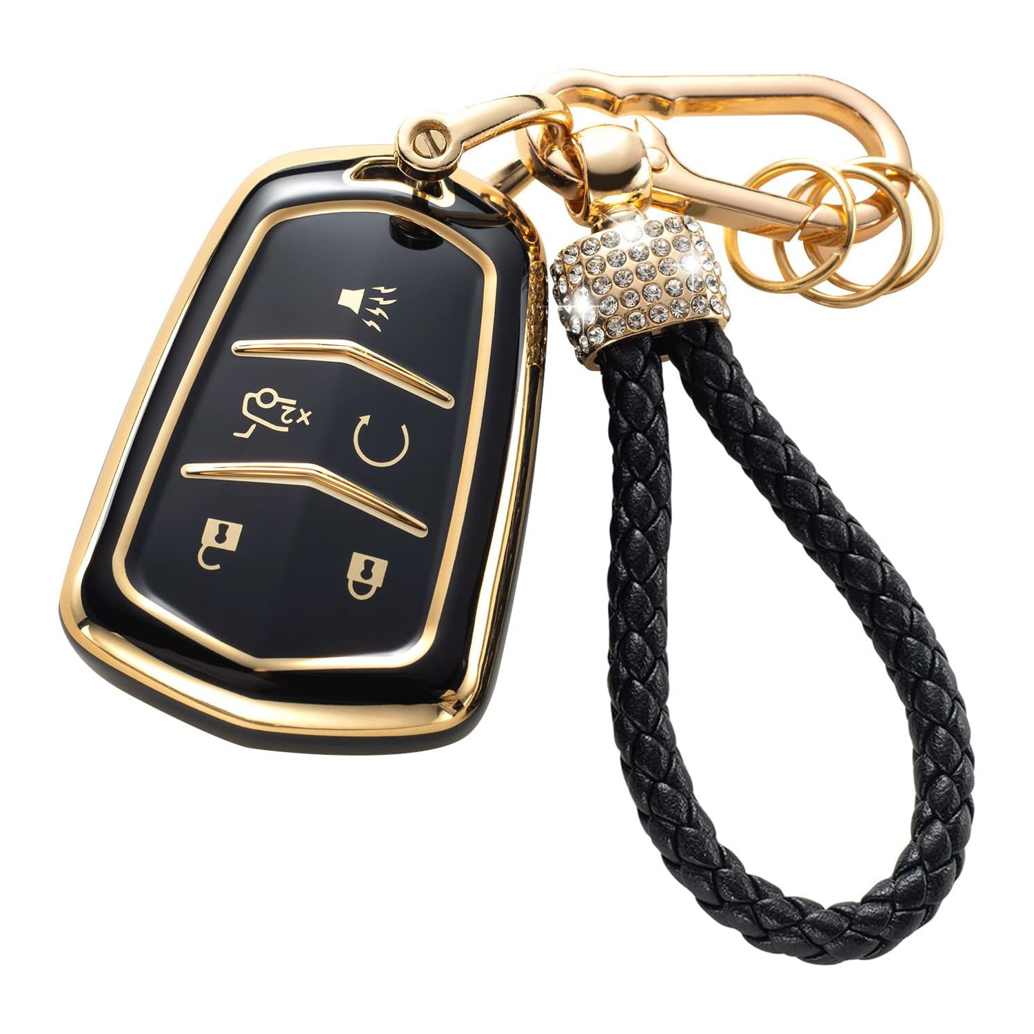 Gold Edge Black Key Car Key Bag Set Rhinestone Carabiner Pendant Keychain