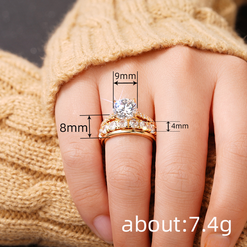 Cao Shi Three-Piece Ring Set with Zircon Elegant Diamond Ring for Wedding Party Matching Rings