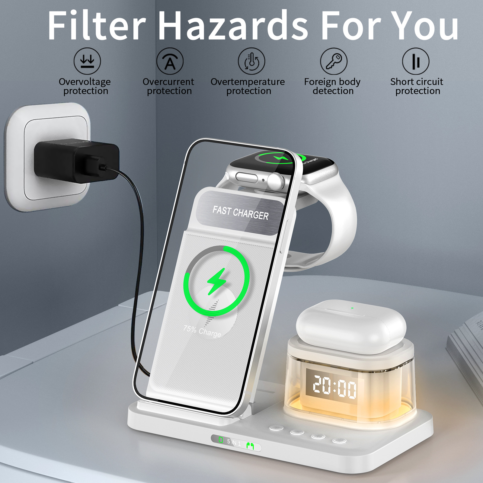 2024 5-in-1 Clock Night Light Wireless Charger for Apple Family Foldable Multifunctional Charging Stand