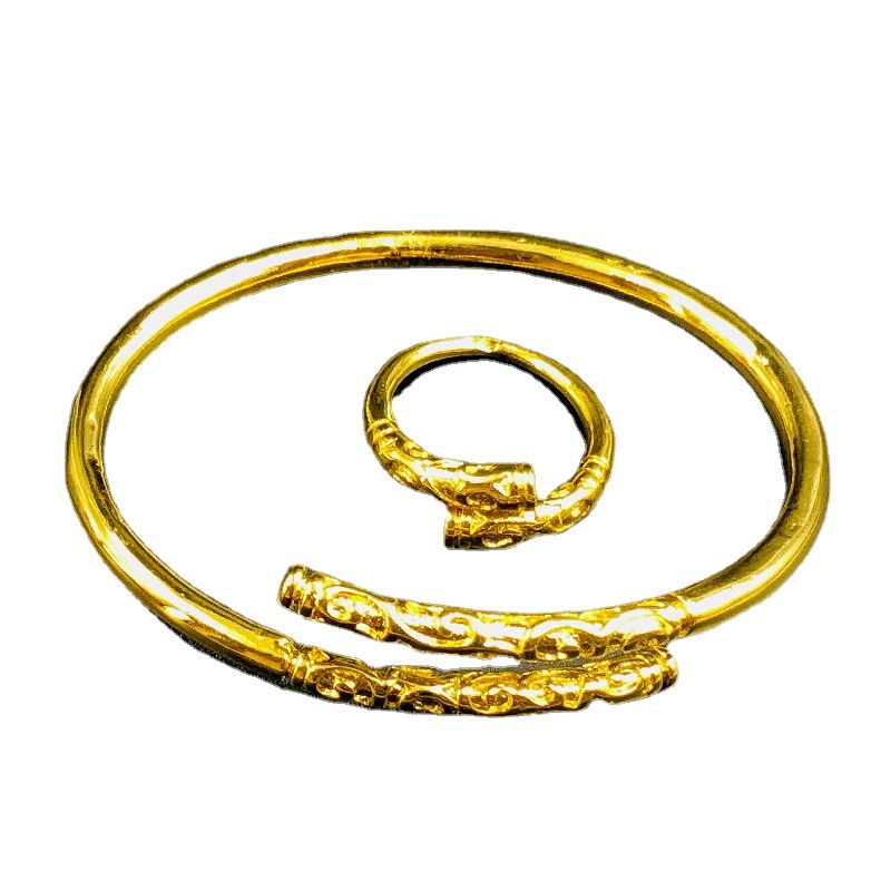520 couple sand gold tight curse bracelet copper gold-plated live mouth如意 gold hoop stick ring set national style