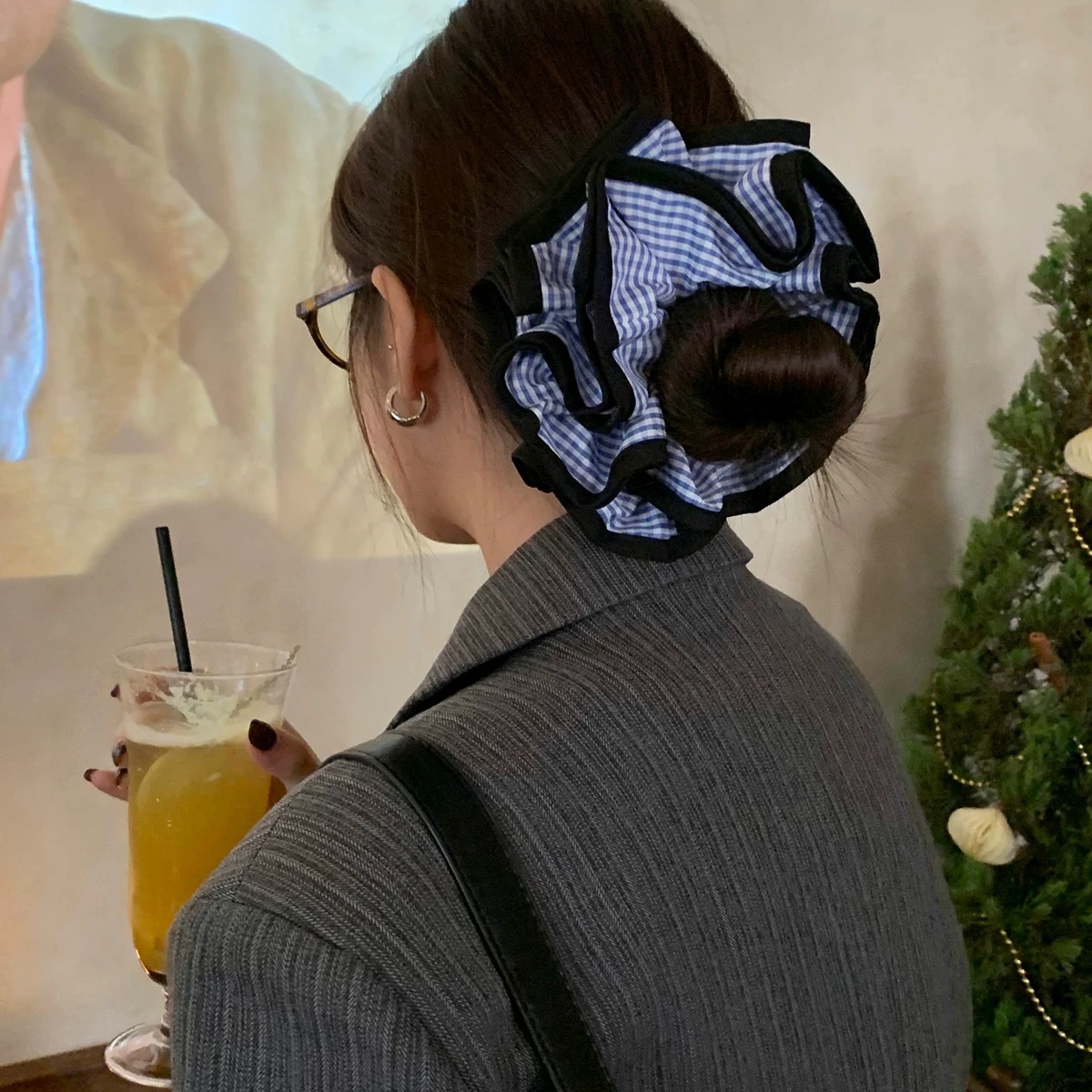 Plaid lace large hair scrunchie for women 2026 new hair tie extra large bun hair accessory head flower