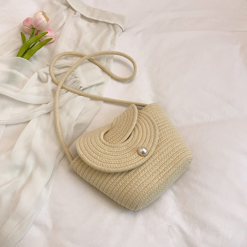 Small fresh pearl flap bag crossbody cotton rope woven bag casual shoulder straw bag mini beach bag women's bag