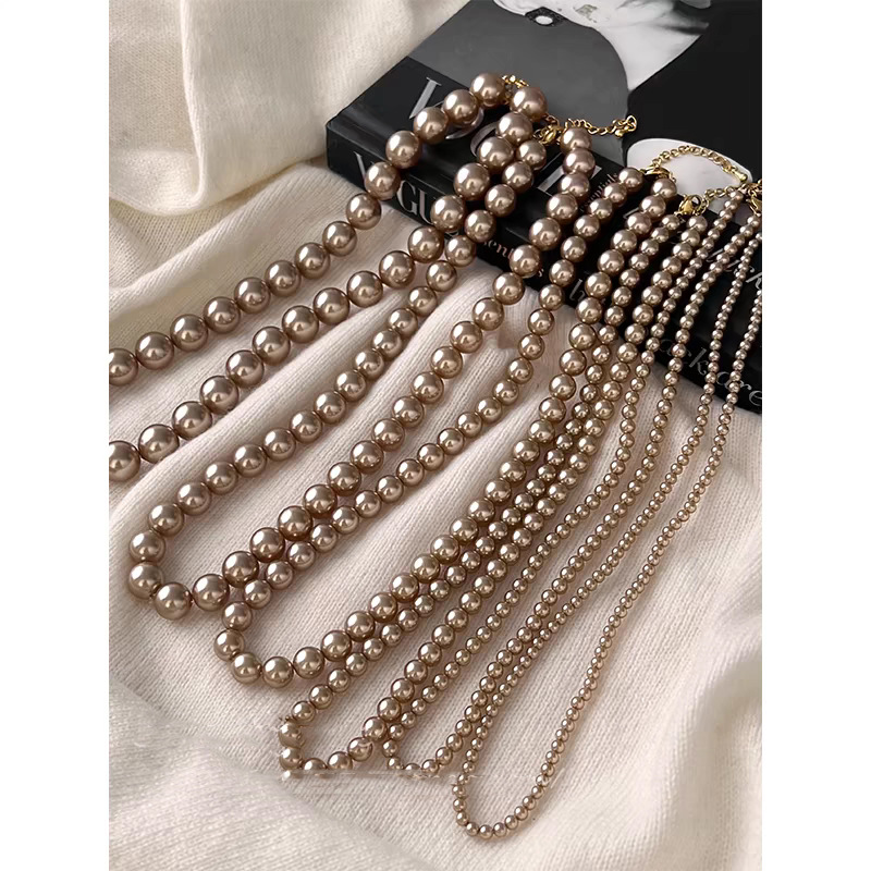 Swarovski Champagne Color Pearl Necklace for Women, Small Clavicle Chain, Sweater Chain, Neck Chain Elegant