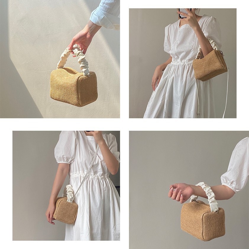 Summer Straw Bag for Women 2026 New Girl's Pleated Contrast Color Handheld Square Bag Crossbody Bag