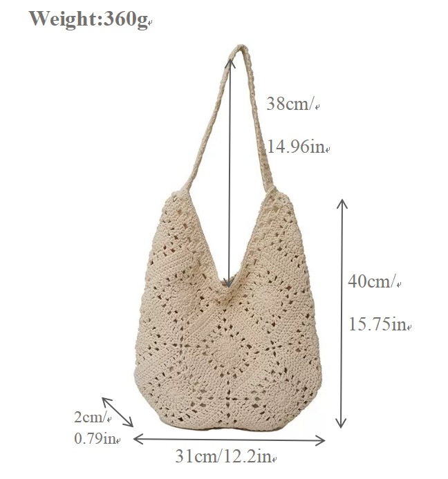 Single Shoulder Cotton Thread Woven Bag Handmade Straw Bag Women's Large Capacity Tote Bag Beach Vacation Beach Bag