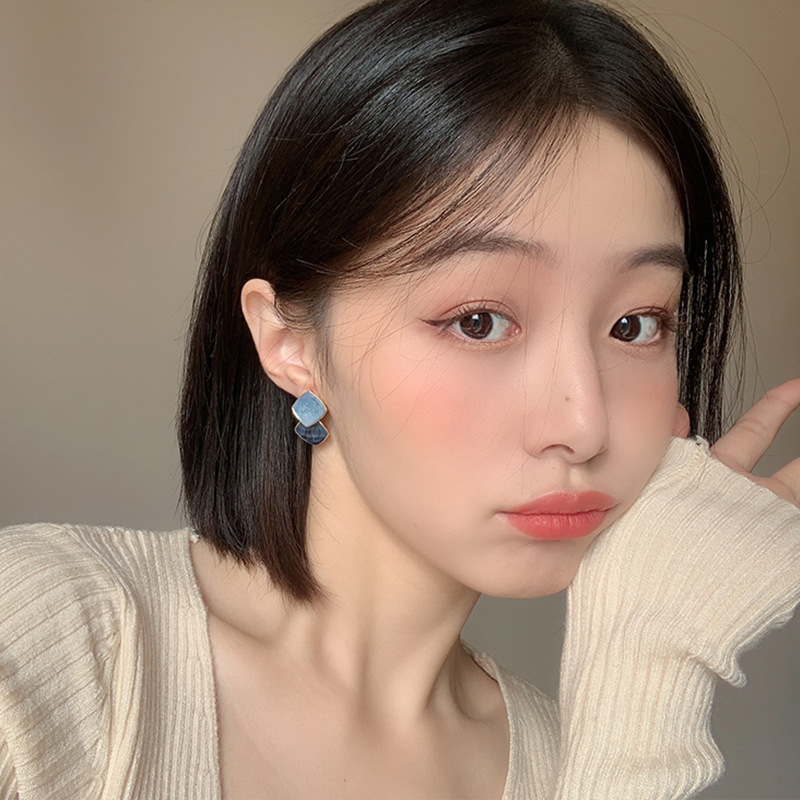 S925 silver needle geometric square drop oil women earrings ear accessories live ear studs
