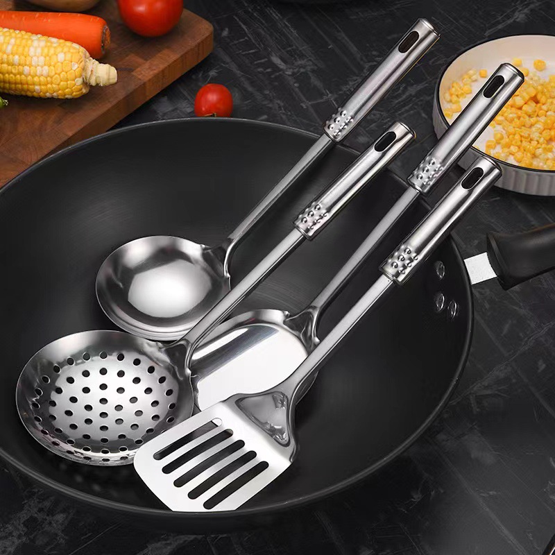 Stainless steel kitchen spoon and spatula set, kitchen restaurant wok spatula, soup spoon, strainer spoon, rice spoon, frying spatula, seven-piece cooking tool set