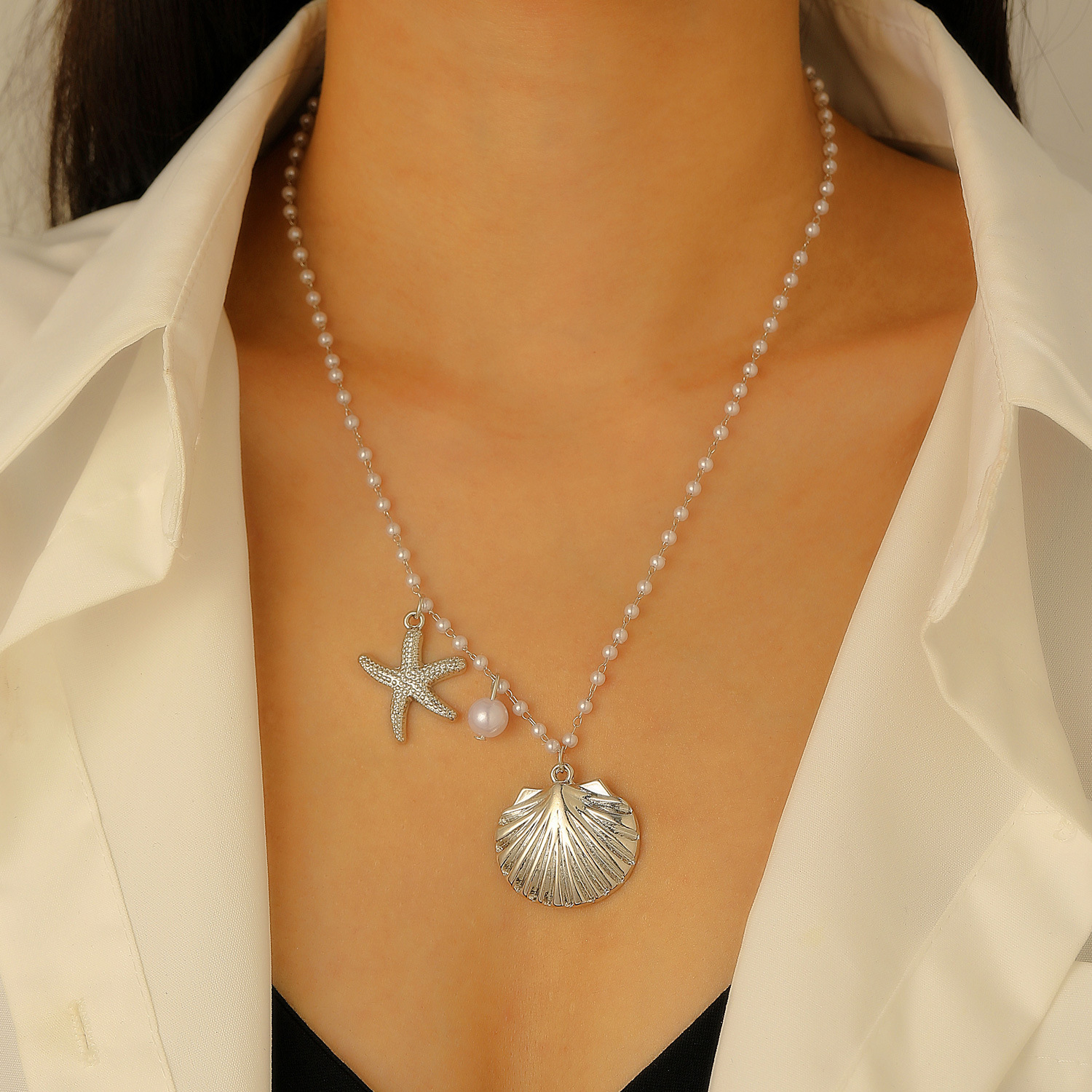 Bohemian Summer Beach Shell Collarbone Chain Niche Seaside Imitation Pearl Starfish Conch Pendant Necklace Bracelet