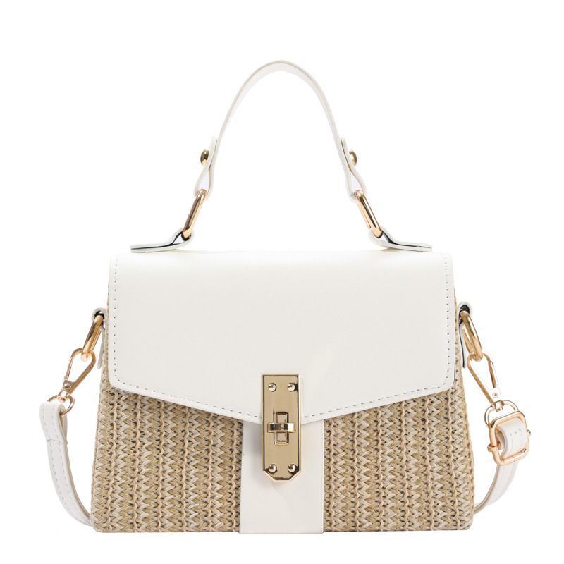 New Patchwork Flip Lid Box Straw Bag Beach Vacation Turn-Lock Woven Hard Shell Handbag Crossbody Bag for Women