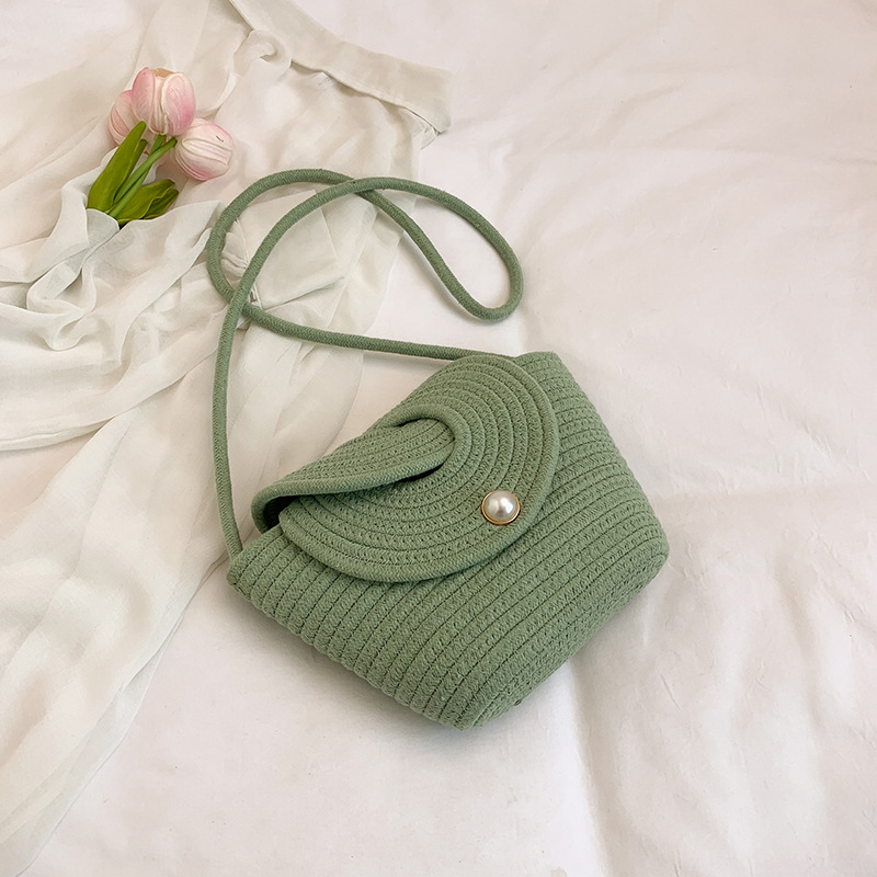 Small fresh pearl flap bag crossbody cotton rope woven bag casual shoulder straw bag mini beach bag women's bag