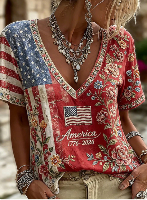 2026 Spring Summer New Exquisite Floral Vacation Print V-Neck Short Sleeve Women's T-Shirt Top