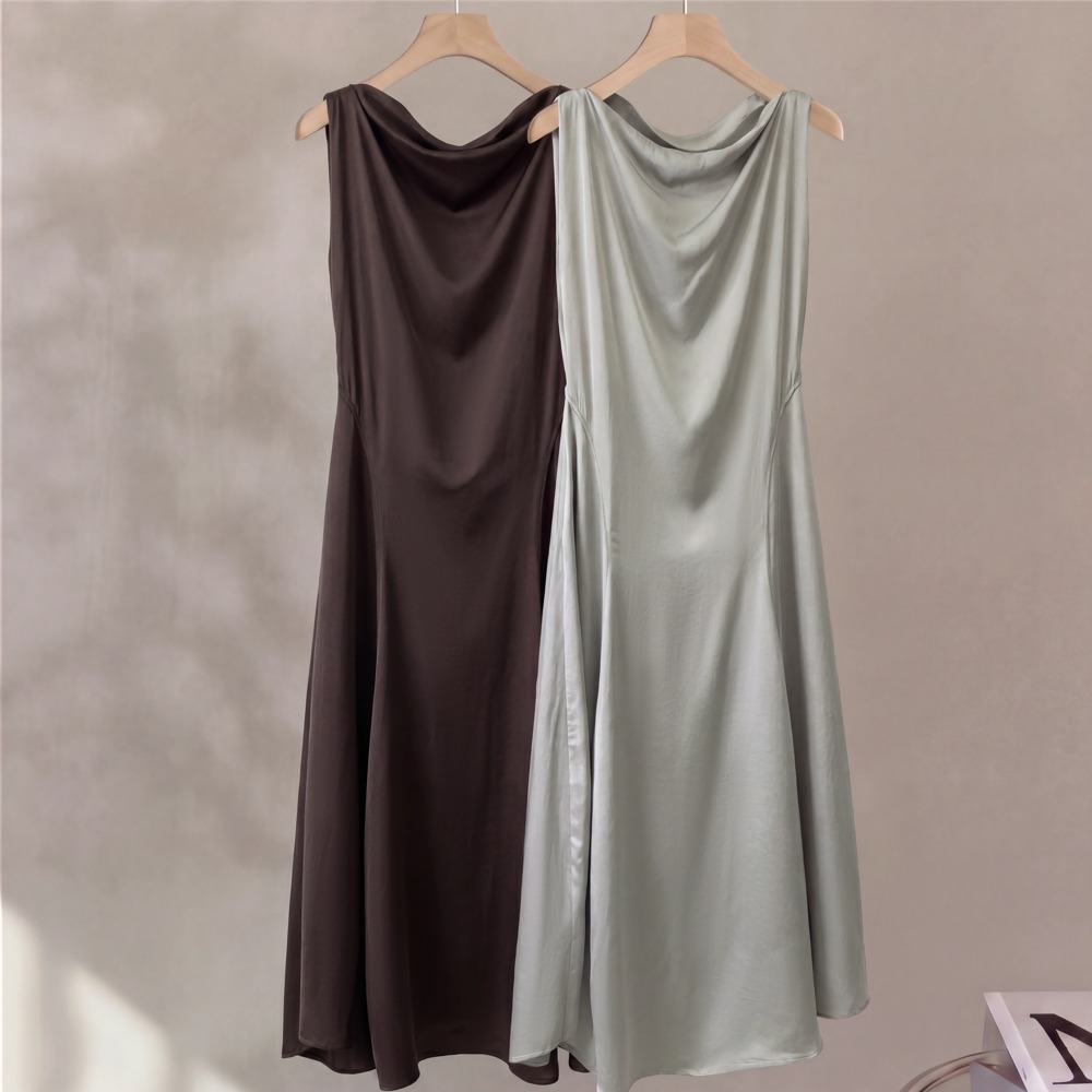Th*ry counter new draped collar three-acetate sleeveless A-line dress women summer waist long skirt