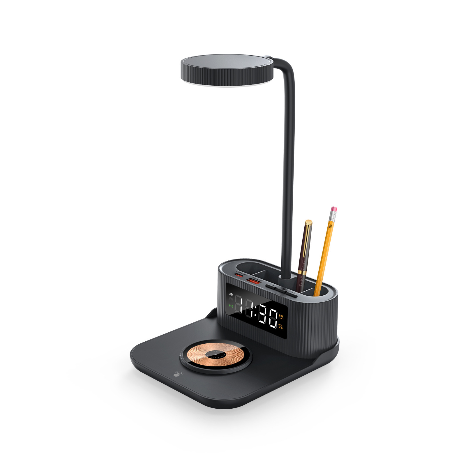 2024 New with Clock Alarm Pen Holder Desk Lamp Wireless Fast Charger 6-in-1 Multifunctional 15W Wireless Charger