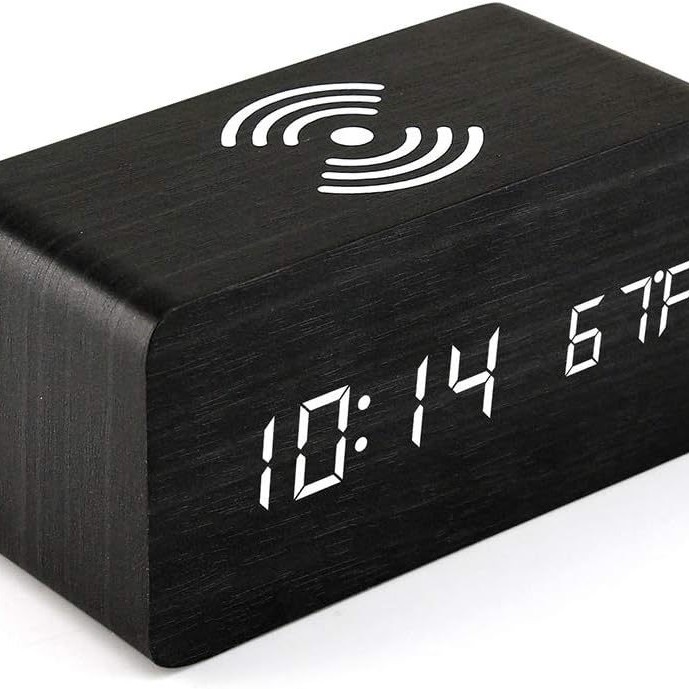 Wireless Charging Alarm Clock Multifunctional Smart LED Electronic Clock Simple Wooden Clock Silent Night Light Clock