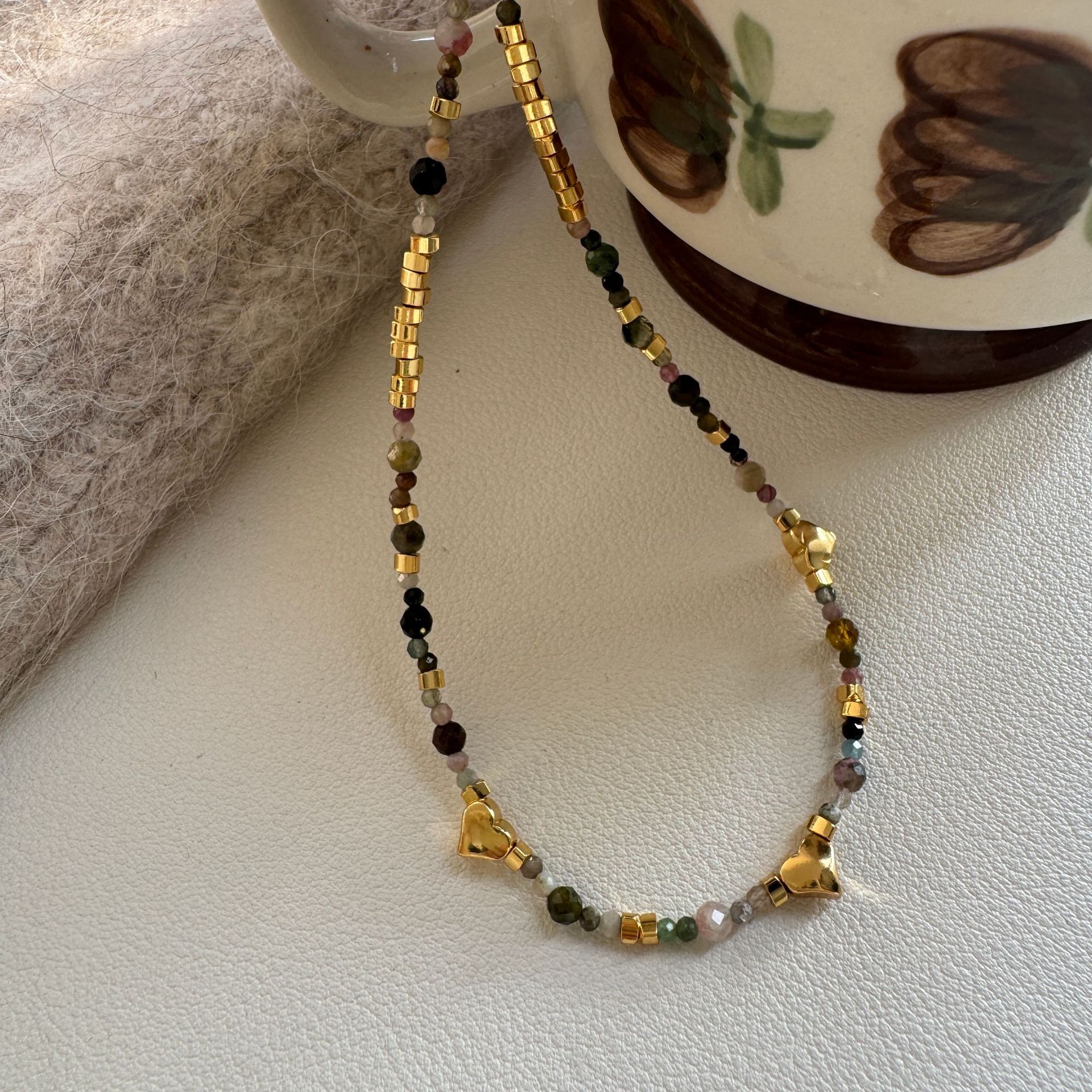 Yuanyou natural tourmaline colorful bead necklace women's spring summer dopamine collarbone chain simple