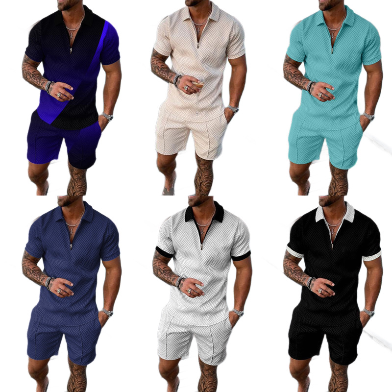 2026 New Men's Casual Sports Suit Summer Short Sleeve Polo Shirt Shorts Two Piece Set Color Block Print