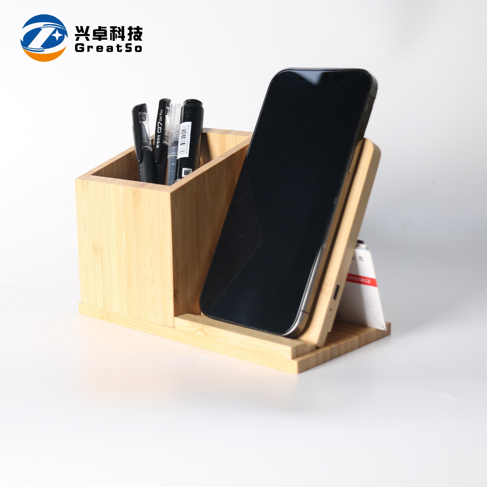 Wooden pen holder storage wireless charger with phone stand new desktop bamboo wood wireless charger